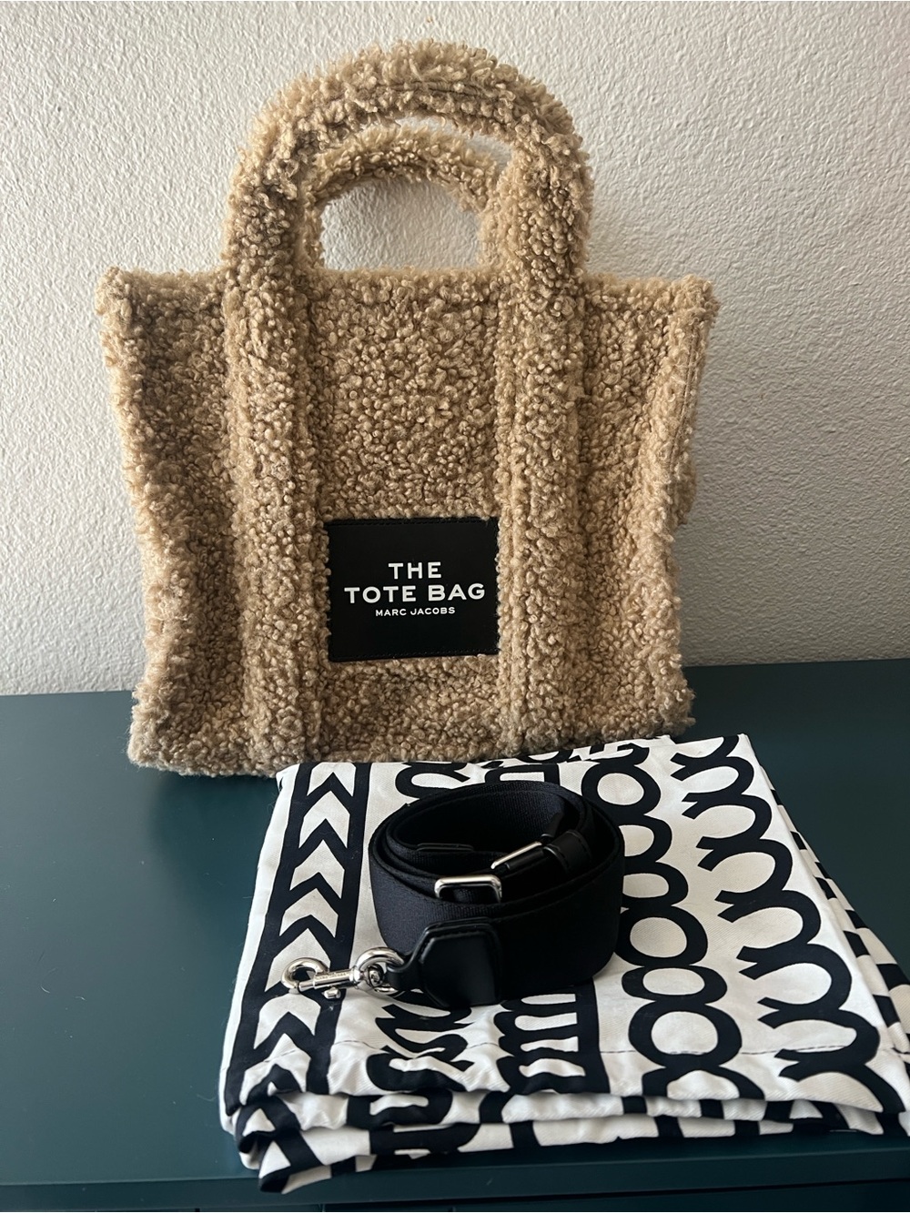 Marc Jacobs Teddy Tote- Shearling Tote with Black Logo Patch (brown/beige)